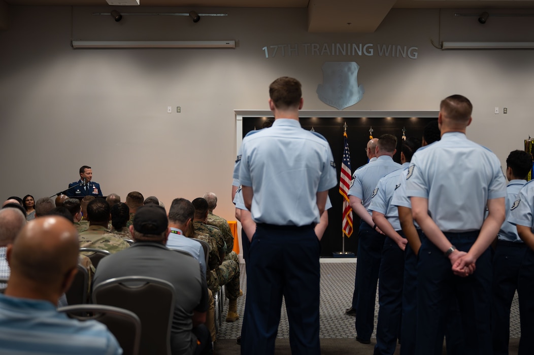 U.S Air Force Col. Jason Gerber, 17th Training Group commander, speaks during the 17th Training Squadron Change of Command Ceremony, Goodfellow Air Force Base, Texas, July 23, 2026.