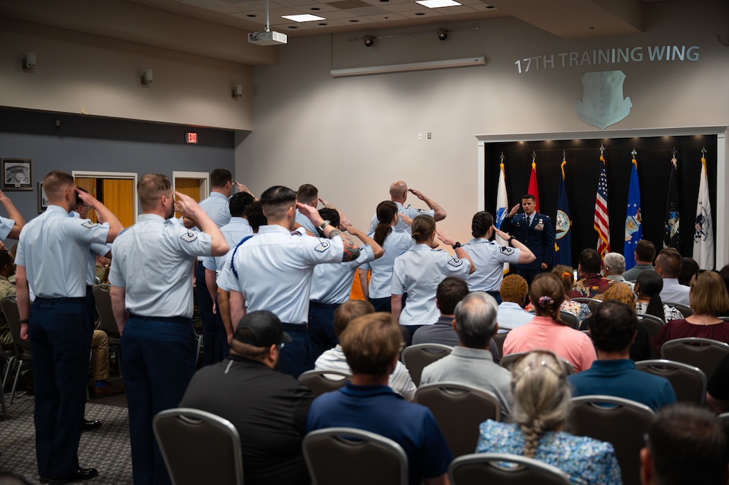 Lt. Col. Lee Elsenheimer, 17th Training Squadron commander, receives his first salute from 17 TRSS during the Change of Command Ceremony, Goodfellow Air Force Base, Texas, July 23, 2026.