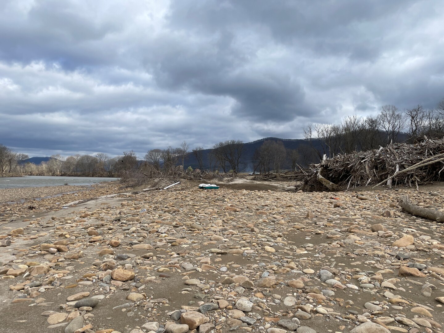 Storm debris from Tropical Storm Helene covers Jackson Island along the Nolichucky River in Tennessee, March 6, 2025. The U.S. Army Corps of Engineers is starting a mission to clear the island, which is a key public recreation area within the Cherokee National Forest, making it safer for public use. (Courtesy photo of USDA)