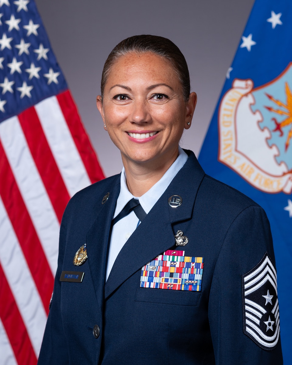 Air Force Test Center command chief, Chief Master Sgt. Sevin Balkuvvar poses for an official photo. Balkuvvar is the AFTC's newest command chief.