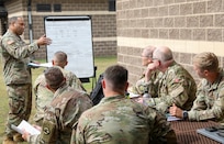 Army Master Sgt. LaQuan Waters, Observer Controller, Trainer Academy Course Manager, 84th Training Command, conducts an after action review for class 26-012, July 24,2026, at Fort McCoy, Wis. Two officers with the Danish Home Guard attend Class 26-012 as part of  the Military Reserve Exchange Program. (U.S. Army Reserve photo by Sgt. 1st Class Justin Hardin)
