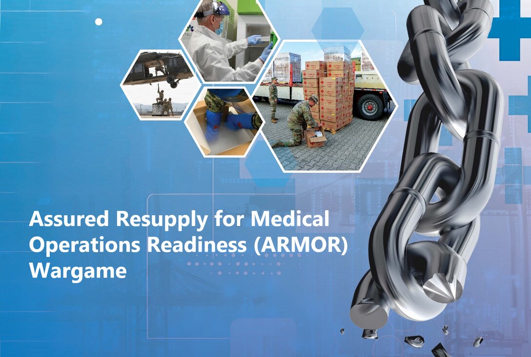 Graphic depicting aspects of the medical industrial base and related supply chains, including the transportation and storage of medical equipment, pharmaceuticals, and personal protective equipment.