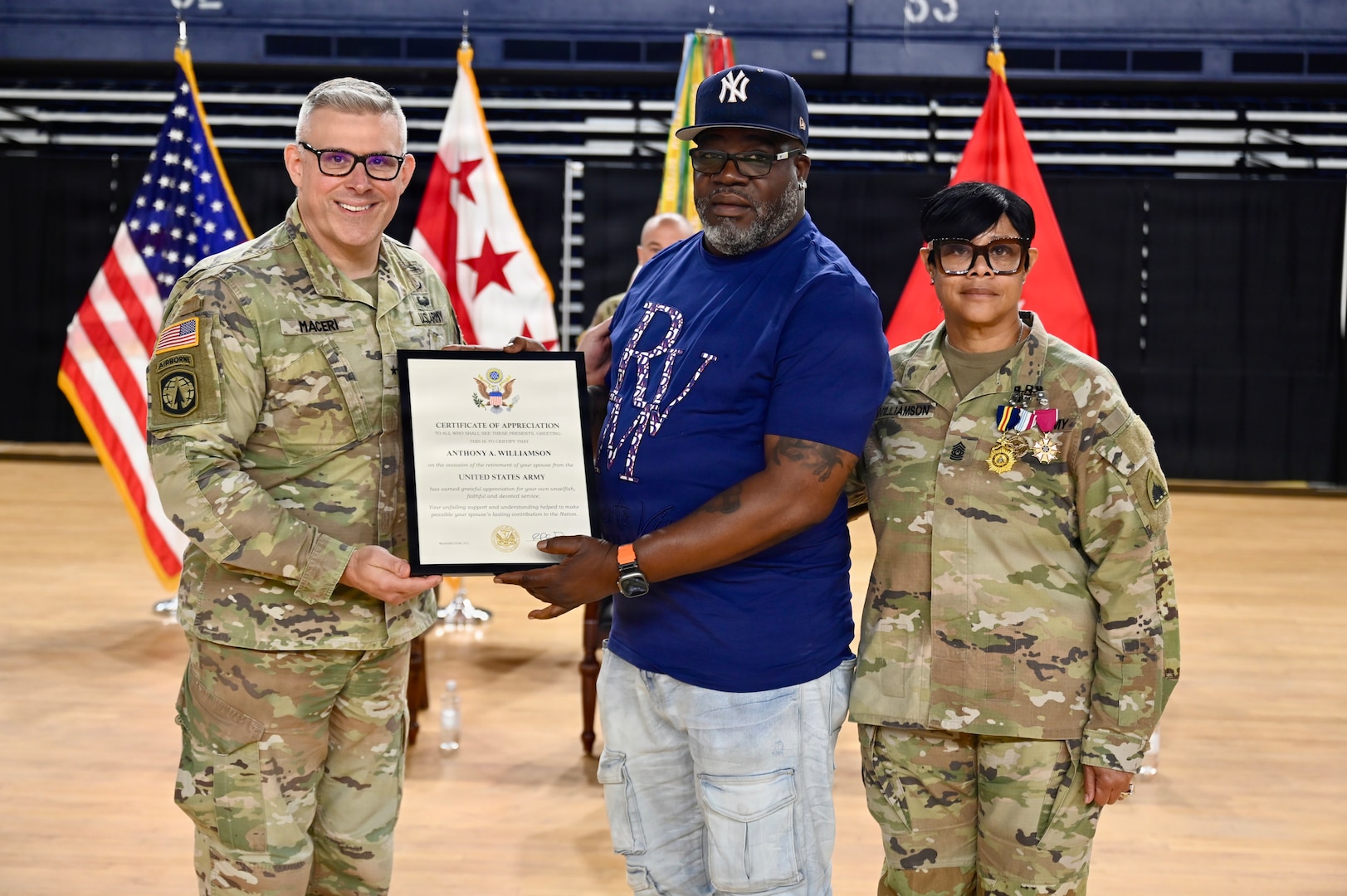 The District of Columbia National Guard's Land Component Command (LCC) held a Change of Responsibility ceremony at the D.C. Armory on July 22, 2026, honoring the distinguished service of Command Sgt. Maj. Octavia V. Williamson and welcoming Command Sgt. Maj. James E. Perrault as the organization's new senior enlisted leader. Officiated by Brig. Gen. Craig M. Maceri, commander of the D.C. National Guard Land Component Command, the ceremony marked the formal transfer of responsibility for the enlisted force. As the LCC's senior enlisted leader, the command sergeant major serves as the principal advisor to the commander on all matters affecting Soldiers, overseeing enlisted readiness, training, discipline, morale, welfare, and leader development across the District's Army National Guard formations.

Williamson concludes an extraordinary 37-year military career after enlisting in the District of Columbia National Guard in 1989. Throughout her decades of service, she provided steadfast leadership while mentoring generations of Soldiers and strengthening the readiness of the District's land forces. Perrault now assumes responsibility for ensuring the continued development, preparedness, and welfare of the enlisted force.