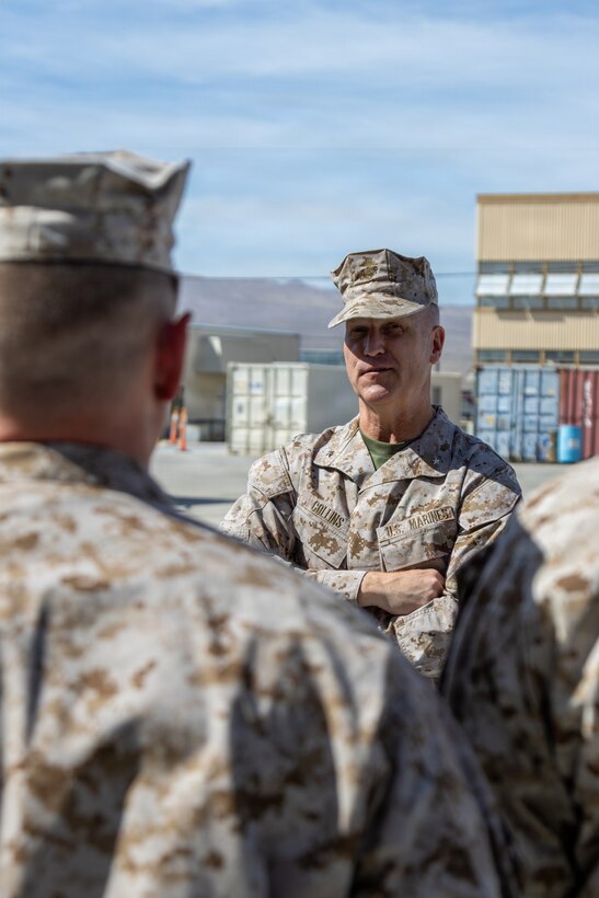 MARINE CORPS LOGISTICS BASE BARSTOW, Calif. — Brigadier General Kevin Collins, commanding general, Marine Corps Logistics Command, meets with civilian-Marines and tours facilities at Production Plant Barstow, Marine Depot Maintenance Command at the Yermo Annex aboard Marine Corps Logistics Base Barstow, California, July 28. Since assuming command of MARCORLOGCOM on July 2, Collins has conducted a West Coast tour of subordinate commands and operating forces—including MDMC PPB, 1st Force Storage Battalion, and I Marine Expeditionary Force at Camp Pendleton—to assess logistics capabilities, depot-level maintenance execution, and overall warfighting readiness.
(U.S. Marine Corps photos by Leo Ritualo and Katherine Cortez, COMMSTRAT)