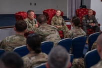 From left, U.S. Air Force Col. James Clark, Col. Elizabeth Blakeman and Col. Karl Seekamp discuss expectations for senior noncommissioned officers during an Air Force and Space Force SNCO Summit at Joint Base Anacostia-Bolling, Washington, D.C., July 27, 2026. The summit featured a series of briefings focused on preparing senior enlisted leaders to develop and mentor the next generation of Airmen and Guardians while emphasizing the critical importance of keeping the force informed and ready to address the challenges posed by strategic competitors. (U.S. Air Force photo by Senior Airman Geneva Nguyen)
