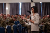 Retired Chief Master Sgt. of the Air Force JoAnne S. Bass shares advice with newly inducted senior noncommissioned officers during an Air Force and Space Force SNCO Summit at Joint Base Anacostia-Bolling, Washington, D.C., July 27, 2026. Bass was the 19th Chief Master Sergeant of the Air Force, representing the Air Force’s highest enlisted level of leadership from August 2020 to March 2024. (U.S. Air Force photo by Senior Airman Geneva Nguyen)