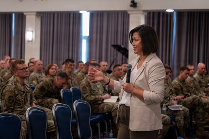 Retired Chief Master Sgt. of the Air Force JoAnne S. Bass shares advice with newly inducted senior noncommissioned officers during an Air Force and Space Force SNCO Summit at Joint Base Anacostia-Bolling, Washington, D.C., July 27, 2026. Bass was the 19th Chief Master Sergeant of the Air Force, representing the Air Force’s highest enlisted level of leadership from August 2020 to March 2024. (U.S. Air Force photo by Senior Airman Geneva Nguyen)