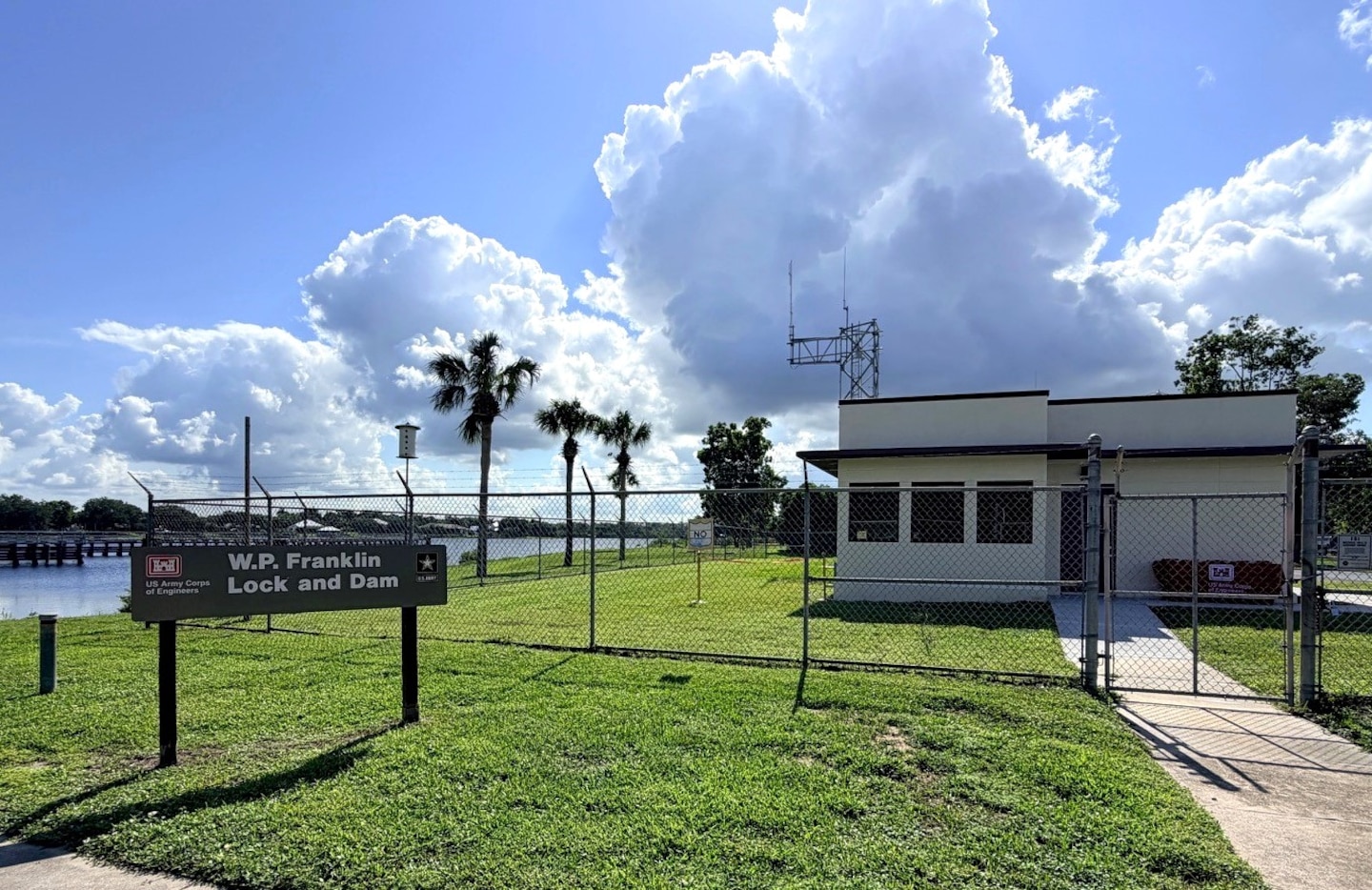 The new Category 5-rated, hurricane-hardened lock control building at the W.P. Franklin Lock and Dam stands ready to support operations and safely house lock operators during severe weather events. (USACE photo by Peggy Bebb)
