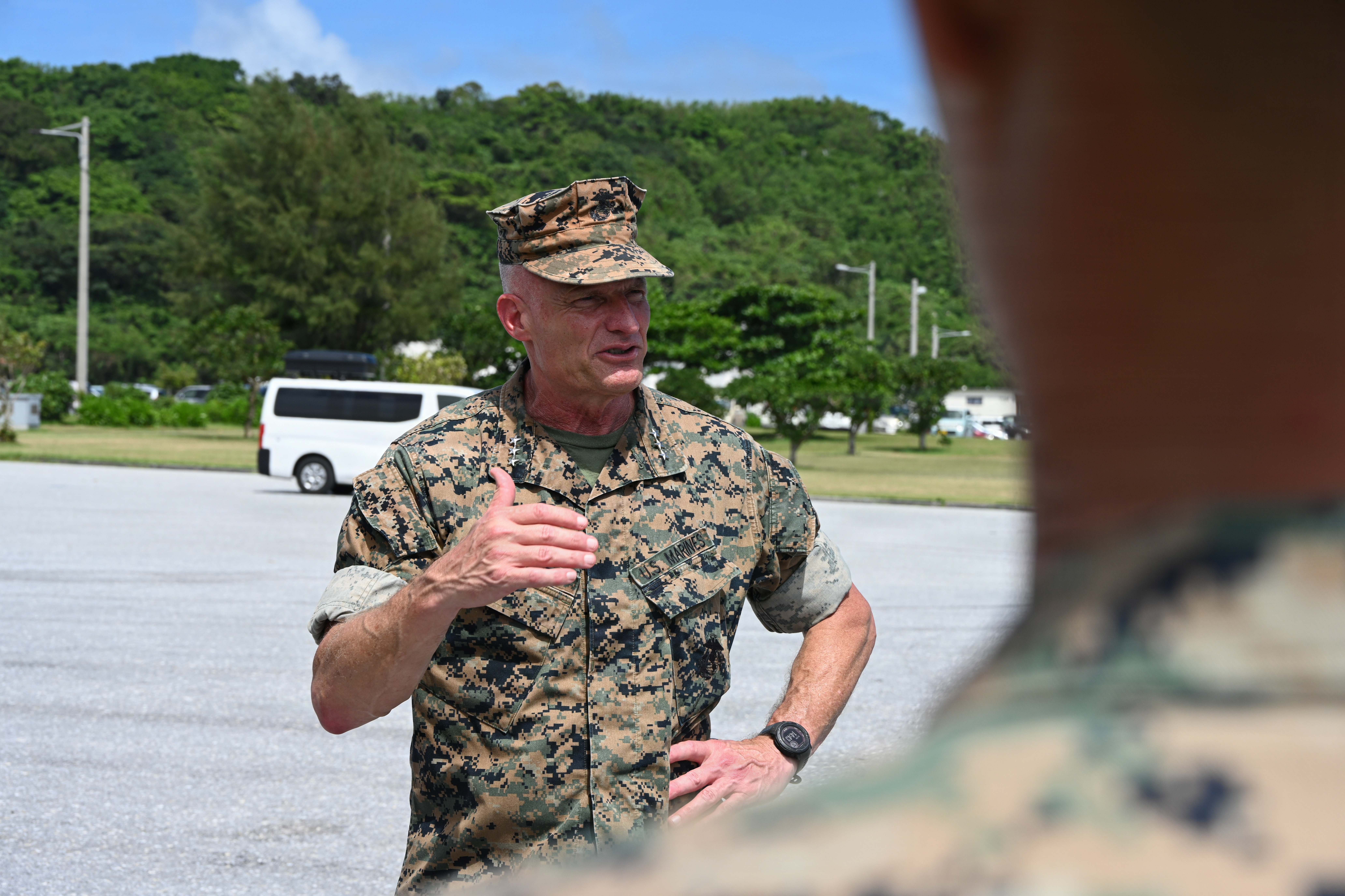 U.S. Marine Corps Lt. Gen. Roger Turner, Commanding General of III Marine Expeditionary Force, speaks to Marines with Intermediate Repair Company, 3rd Maintenance Battalion, 3rd Marine Logistics Group, during Valiant Shield 26 at White Beach, Okinawa, Japan, June 29, 2026. Intermediate Repair Company participated in Resilient Advanced Manufacturing for Contested Environments, or RAMFORCE, an initiative hosted by the Office of the Under Secretary of Defense for Research and Engineering. The innovative event brought together military personnel, government laboratories and private industry to evaluate how advanced manufacturing technologies could enable expeditionary forces to repair, replace and even produce critical equipment at the point of need. (U.S. Marine Corps photo by Cpl. Rachel Mason)