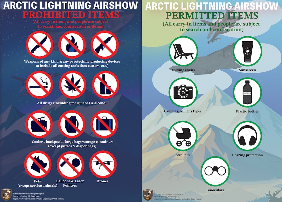 This U.S. Air Force graphic showcases what items can and cannot be brought to the Arctic Lightning Air Show at Eielson Air Force Base, Alaska, July 31 - Aug. 2, 2026.
