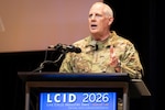 Gen. Dale R. White, director, Critical Major Weapon Systems, Office of the Deputy Secretary of War, explains the role of the direct reporting portfolio manager for those gathered on day one of Life Cycle Industry Days in Dayton, Ohio, July 27, 2026. The three-day event features a full slate of speakers, expert panels, vendor booths, and unique Acquisition and Small Business alleys. (U.S. Air Force photo by Jim Varhegyi)