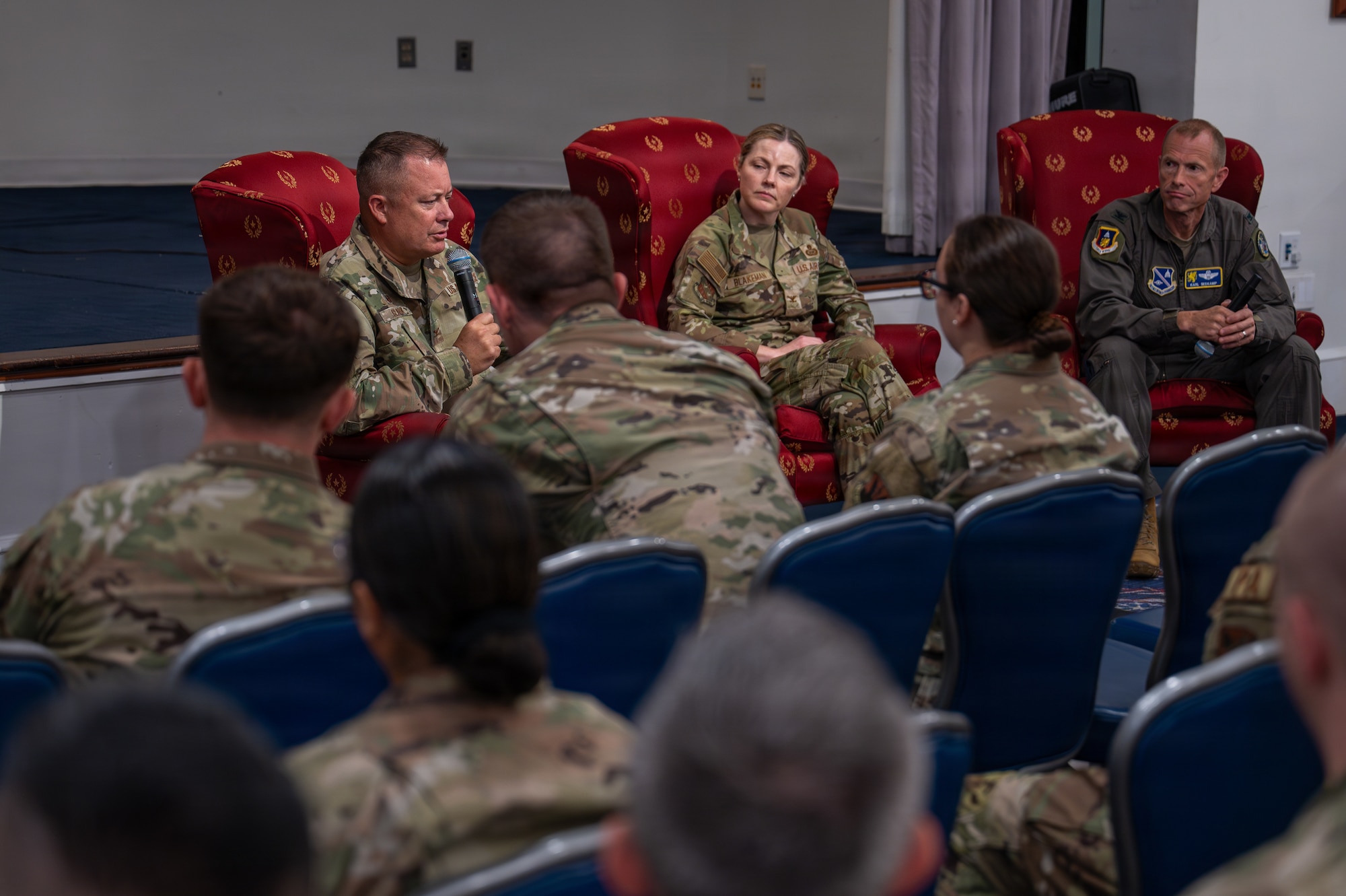 From left, U.S. Air Force Col. James Clark, Col. Elizabeth Blakeman and Col. Karl Seekamp discuss expectations for senior noncommissioned officers during an Air Force and Space Force SNCO Summit at Joint Base Anacostia-Bolling, Washington, D.C., July 27, 2026. The summit featured a series of briefings focused on preparing senior enlisted leaders to develop and mentor the next generation of Airmen and Guardians while emphasizing the critical importance of keeping the force informed and ready to address the challenges posed by strategic competitors. (U.S. Air Force photo by Senior Airman Geneva Nguyen)