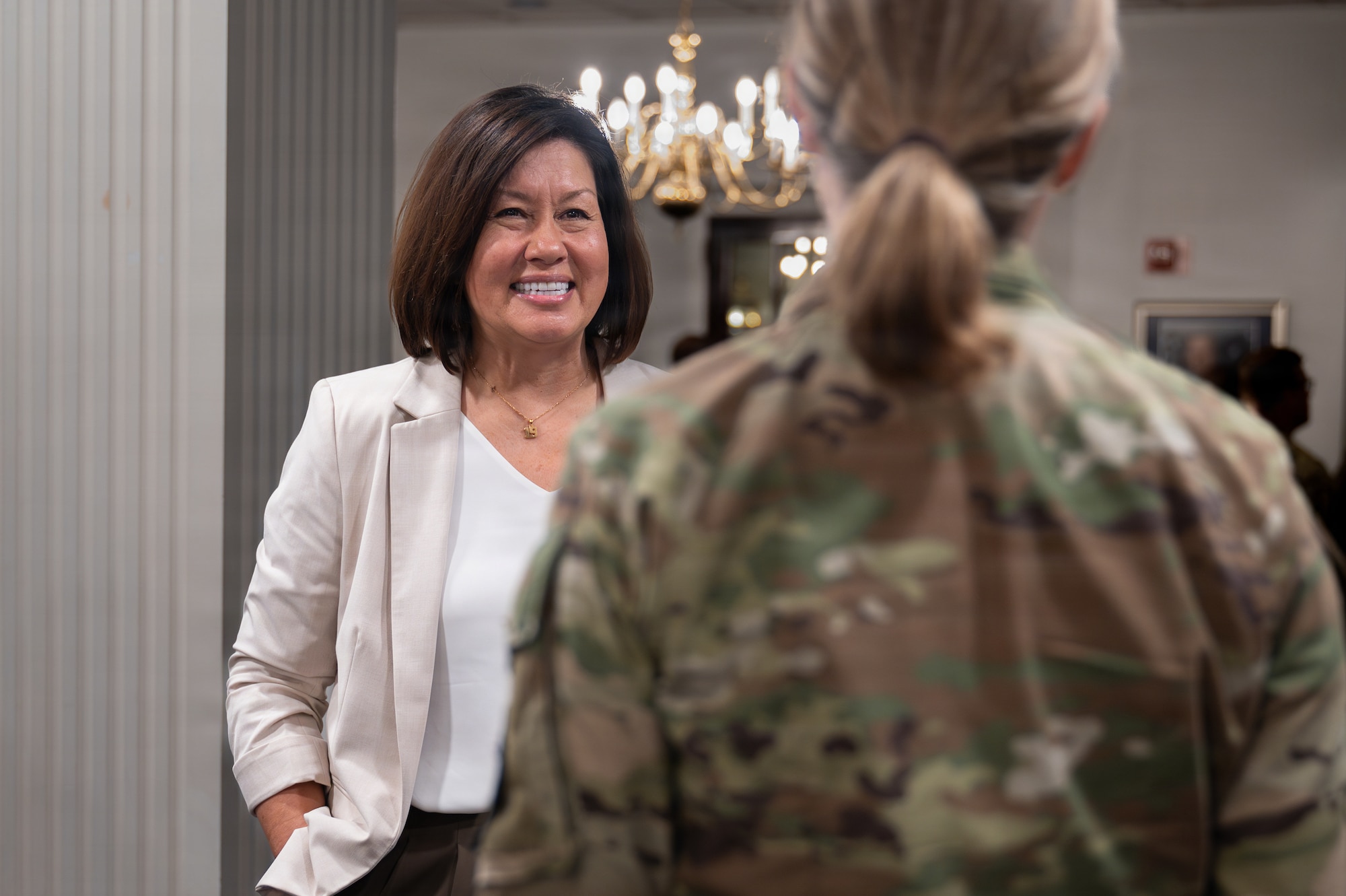 Retired Chief Master Sgt. of the Air Force JoAnne S. Bass, left, talks with an Air Force leader during an Air Force and Space Force Senior Noncommissioned Officer Summit at JBAB, Washington, D.C., July 27, 2026. The summit featured a series of briefings focused on preparing senior enlisted leaders to develop and mentor the next generation of Airmen and Guardians while emphasizing the critical importance of keeping the force informed and ready to address the challenges posed by strategic competitors. (U.S. Air Force photo by Senior Airman Geneva Nguyen)