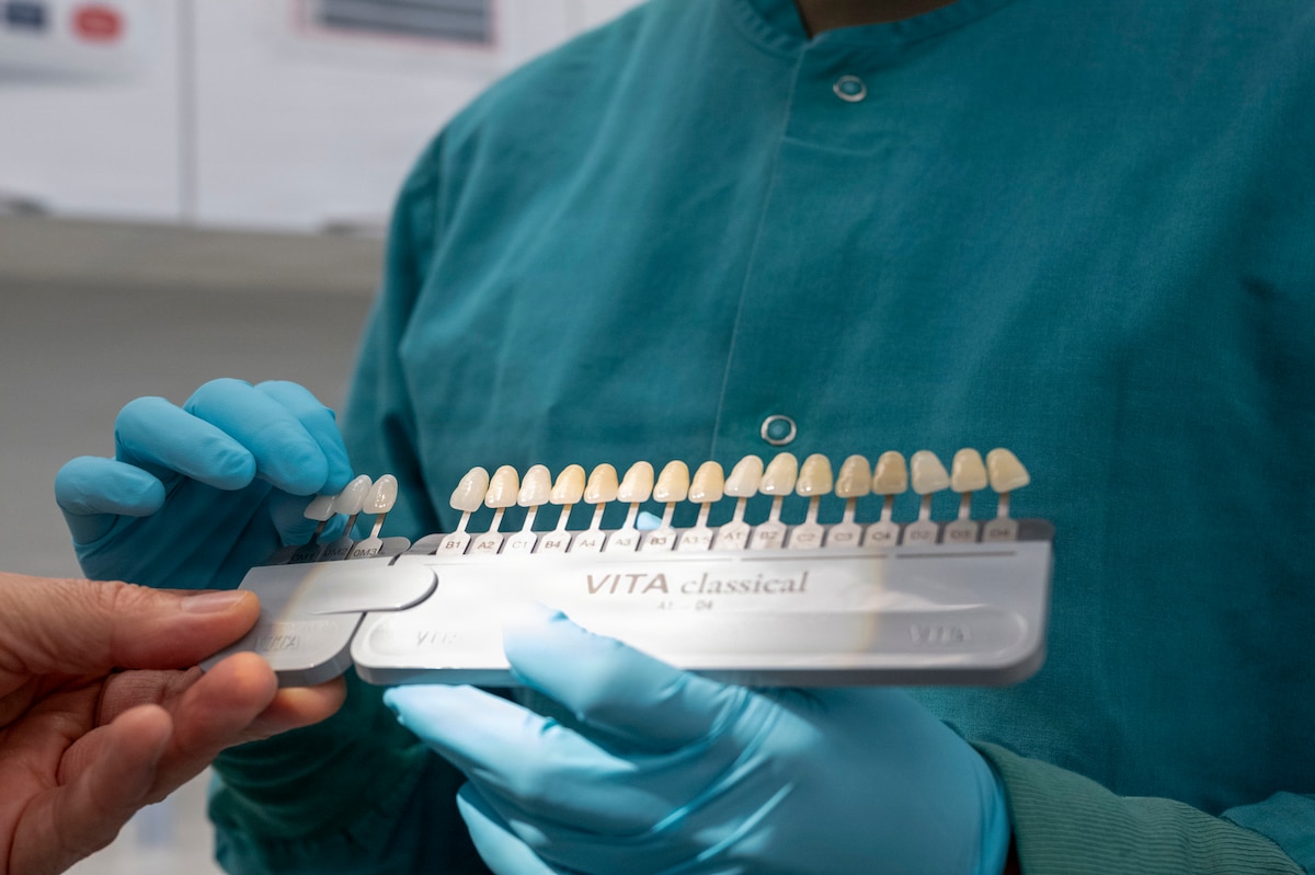 A U.S. Air Force dental provider assigned to the 35th Medical Group uses a shade guide to match restorative material with a patient’s natural tooth color at Misawa Air Base, Japan, July 28, 2026.
