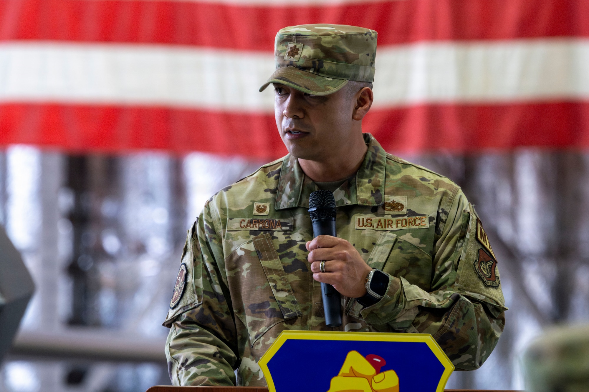 U.S. Air Force Maj. Alex Carmona, 35th Aircraft Maintenance Squadron (AMXS) commander, delivers a speech during the 35th AMXS activation ceremony at Misawa Air Base Japan, July 17, 2026.