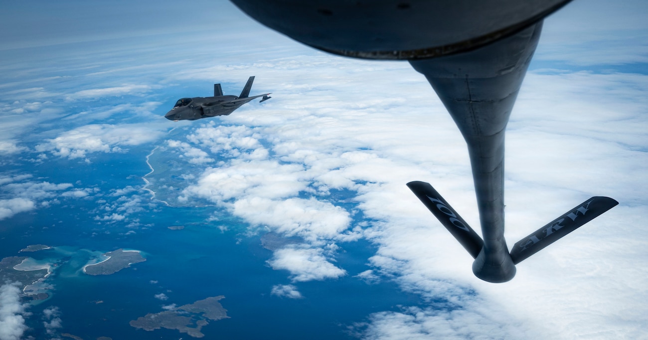 A U.S. Air Force F-35A Lightning II assigned to the 48th Fighter Wing flies into formation after receiving fuel during exercise COMBAT ARCHER U.K.