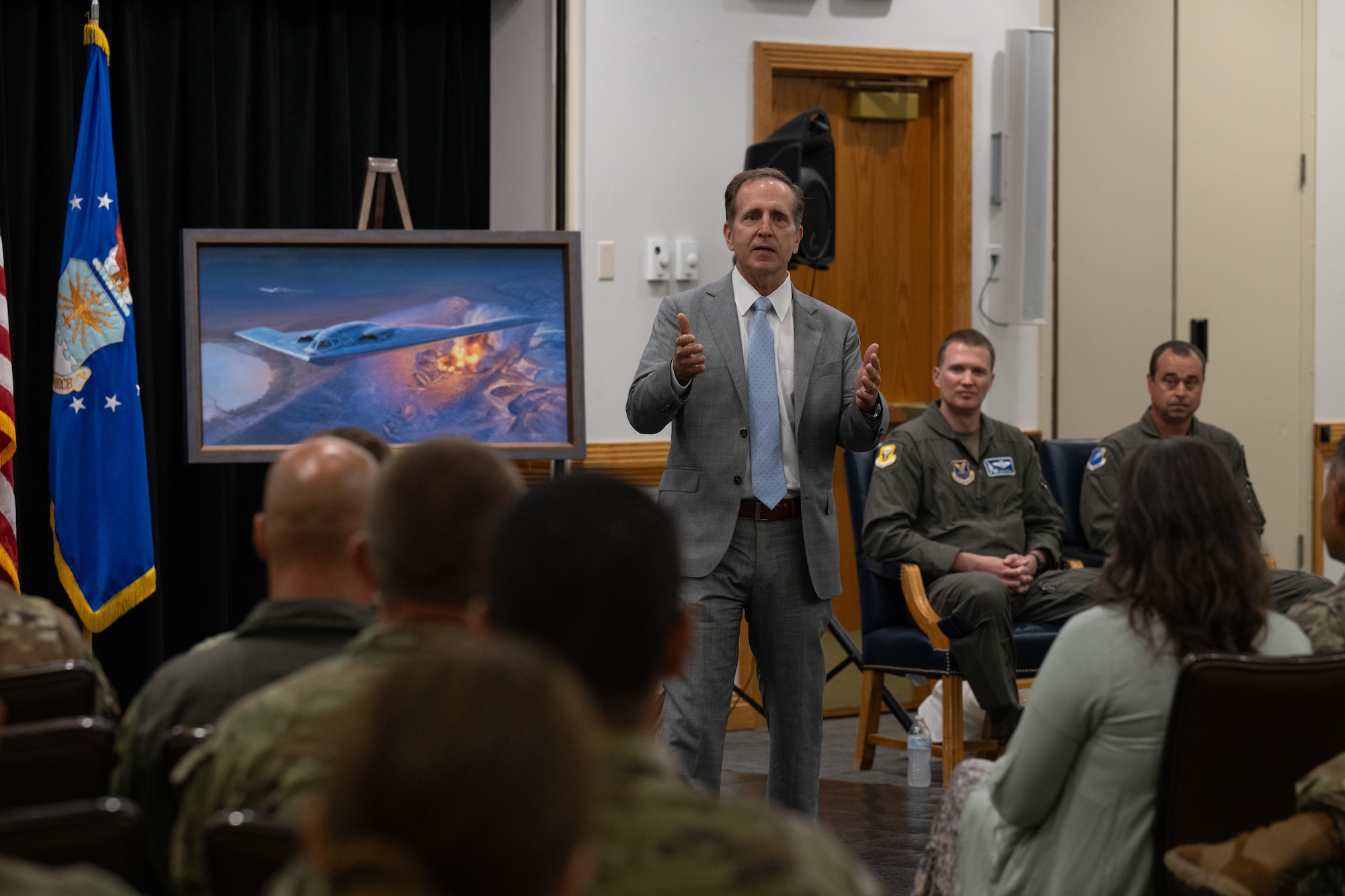 Retired Gen. James Slife, former vice chief of staff of the Air Force, speaks to Airmen assigned to the 509th and 131st Bomb Wings about the impact of Operation Midnight Hammer at Whiteman Air Force Base, Missouri, July 28, 2026. Operation Midnight Hammer saw seven B-2 Spirit bombers deliver an overnight strike on Iranian nuclear facilities, the largest B-2 operational strike in U.S. history. (U.S. Air Force photo by Senior Airman Matthew S. Domingos)
