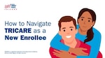 Animated man and woman hugging each other. TRICARE logo. Text reads: "How to Navigate TRICARE as a New Enrollee. TRICARE is a registered trademark of the Department of Defense, Defense Health Agency. All rights reserved."