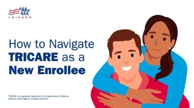 Animated man and woman hugging each other. TRICARE logo. Text reads: "How to Navigate TRICARE as a New Enrollee. TRICARE is a registered trademark of the Department of Defense, Defense Health Agency. All rights reserved."