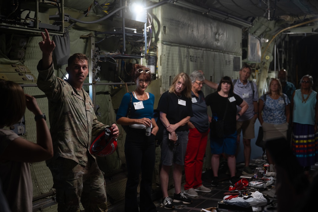 U.S. Air Force Master Sgt. Joshua McCreath, 312th Training Squadron Advanced Courses flight chief, briefs educators on the emergency aircraft shutdown and personnel rescue training scenario during the Distinguished Educators’ Tour at the Louis F. Garland Department of War Fire Academy, Goodfellow Air Force Base, Texas, July 22, 2026. The DoW fire academy uses decommissioned aircrafts to accurately simulate difficult real-life scenarios that future firefighters may encounter. (U.S. Air Force photo by Senior Airman Brian Lummus)