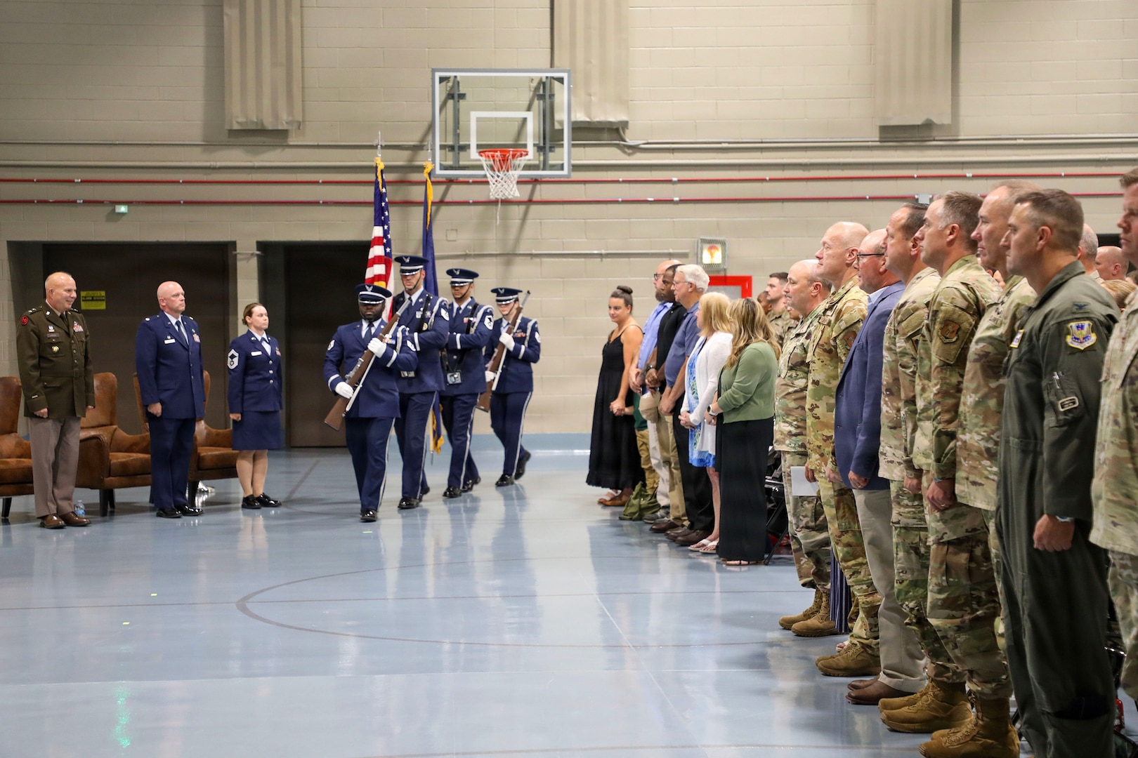 A New York Air National Guard color guard presents the colors during the activation of the New York Air National Guard Recruiting and Retention Squadron at the New York National Guard headquarters in Latham, N.Y, July 29, 2026.