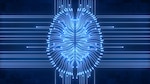 Blue computer brain circuit diagram concept illustrating AI. Glowing blue AI brain diagram as digital computer circuitry concept with wiring, neurons and connections, illustrating artificial intelligence and big data.
