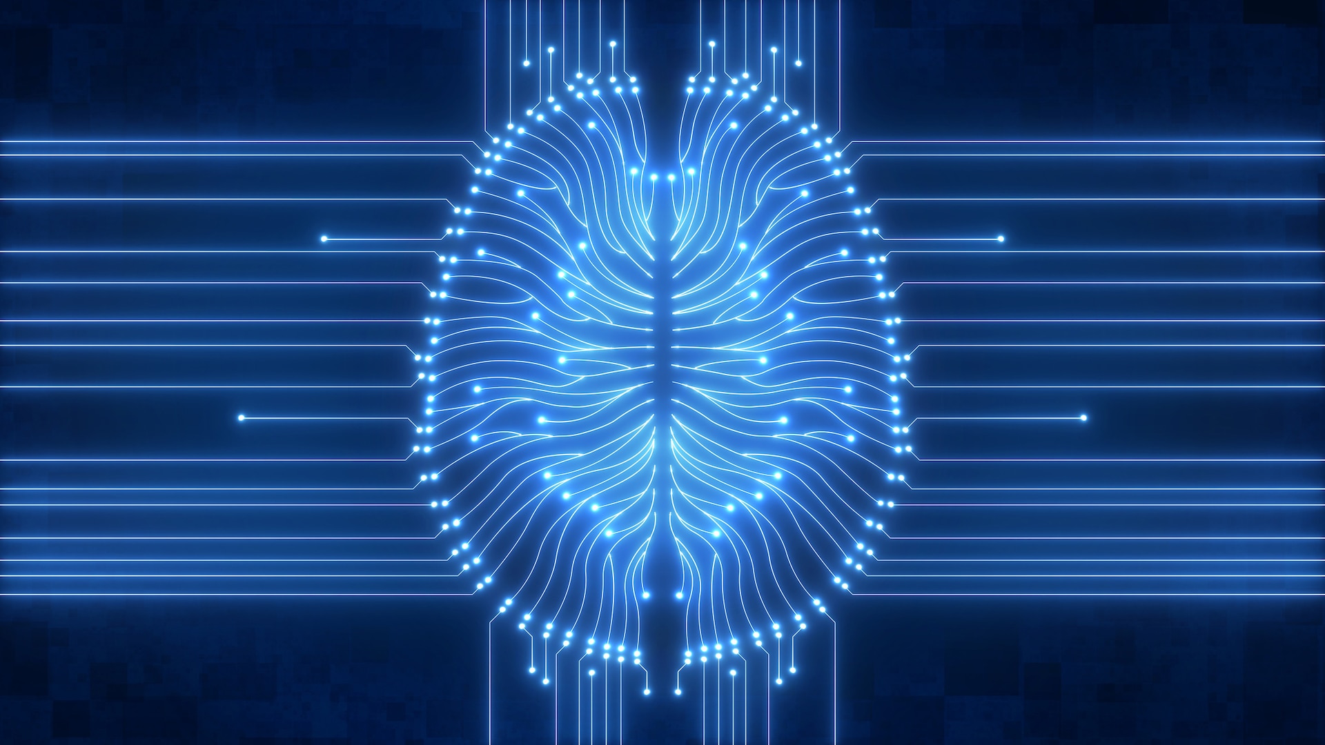 Blue computer brain circuit diagram concept illustrating AI. Glowing blue AI brain diagram as digital computer circuitry concept with wiring, neurons and connections, illustrating artificial intelligence and big data.