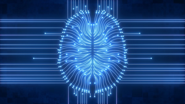Blue computer brain circuit diagram concept illustrating AI. Glowing blue AI brain diagram as digital computer circuitry concept with wiring, neurons and connections, illustrating artificial intelligence and big data.