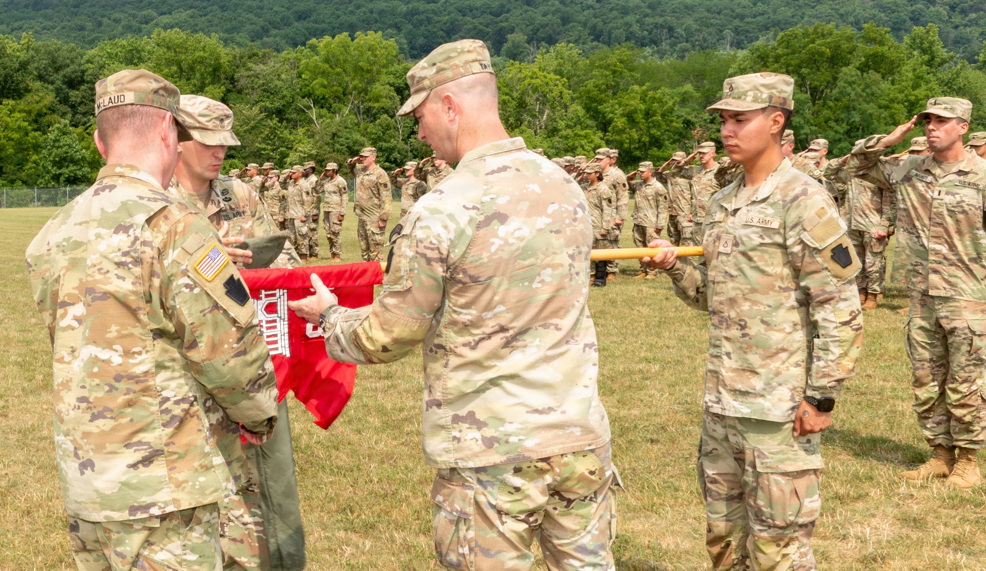 The Pennsylvania Army National Guard’s 856th Combat Engineer Company - Infantry activates during a formal ceremony on Strickler Field at Fort Indiantown Gap July 26, 2026. The 856th, which falls under the 56th Mobile Brigade Combat Team, was previously designated as Company A, 103rd Brigade Engineer Battalion, prior to that battalion’s inactivation in March as part of the brigade’s transition from a Stryker Brigade Combat Team to a Mobile Brigade Combat Team. (Pennsylvania National Guard photo by Wayne V. Hall)