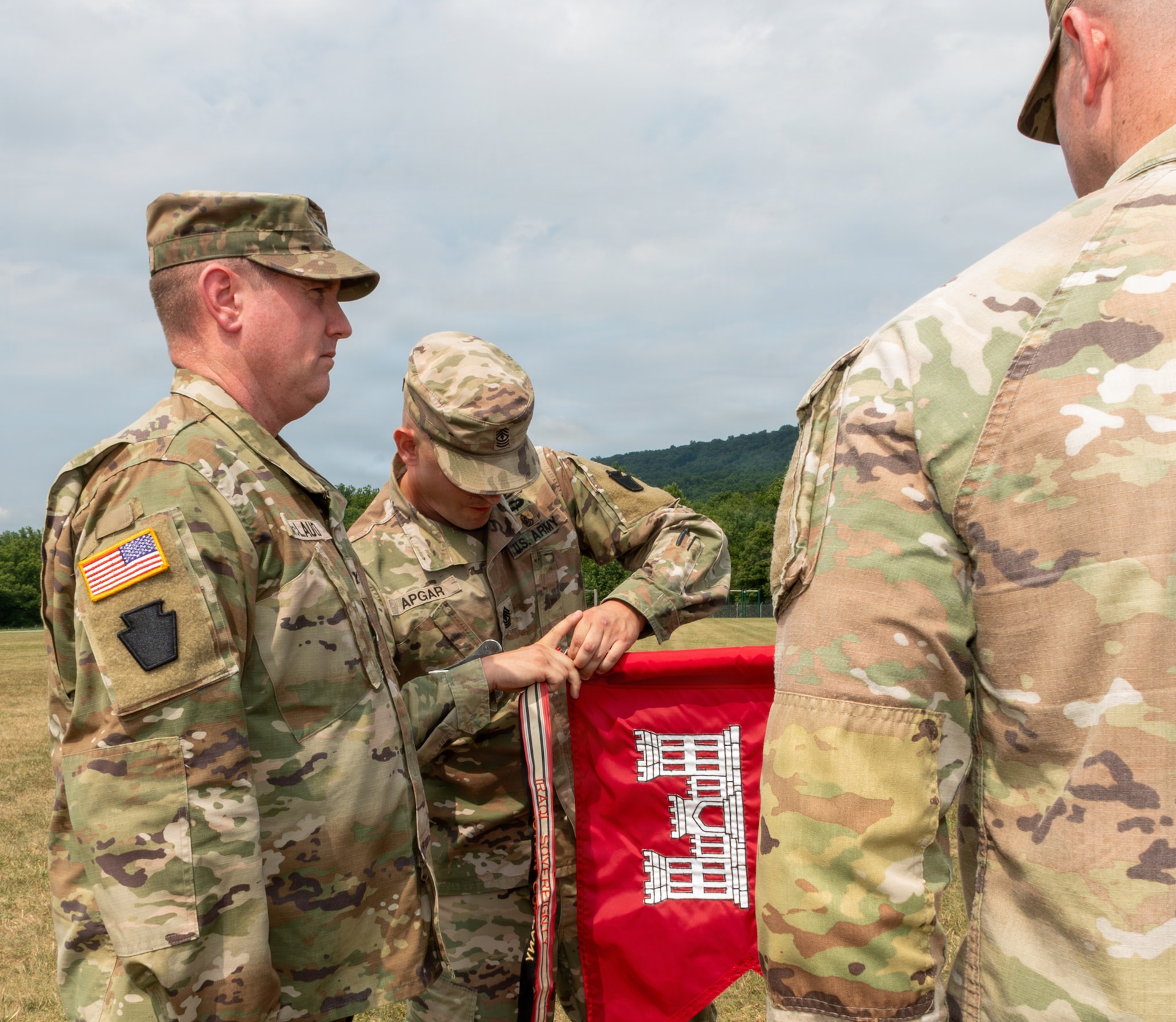 The Pennsylvania Army National Guard’s 856th Combat Engineer Company - Infantry activates during a formal ceremony on Strickler Field at Fort Indiantown Gap July 26, 2026. The 856th, which falls under the 56th Mobile Brigade Combat Team, was previously designated as Company A, 103rd Brigade Engineer Battalion, prior to that battalion’s inactivation in March as part of the brigade’s transition from a Stryker Brigade Combat Team to a Mobile Brigade Combat Team. (Pennsylvania National Guard photo by Wayne V. Hall)