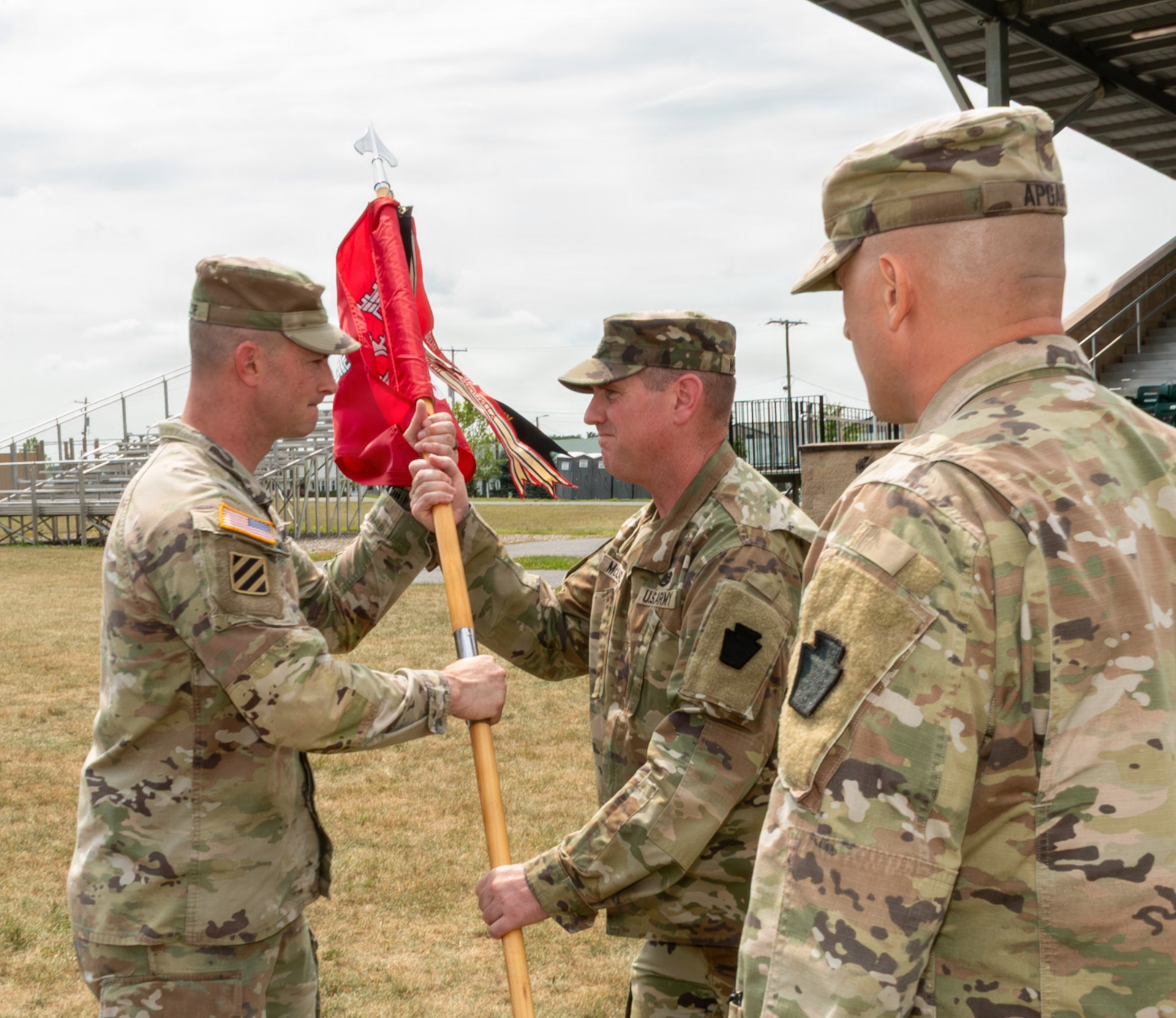 The Pennsylvania Army National Guard’s 856th Combat Engineer Company - Infantry activates during a formal ceremony on Strickler Field at Fort Indiantown Gap July 26, 2026. The 856th, which falls under the 56th Mobile Brigade Combat Team, was previously designated as Company A, 103rd Brigade Engineer Battalion, prior to that battalion’s inactivation in March as part of the brigade’s transition from a Stryker Brigade Combat Team to a Mobile Brigade Combat Team. (Pennsylvania National Guard photo by Wayne V. Hall)