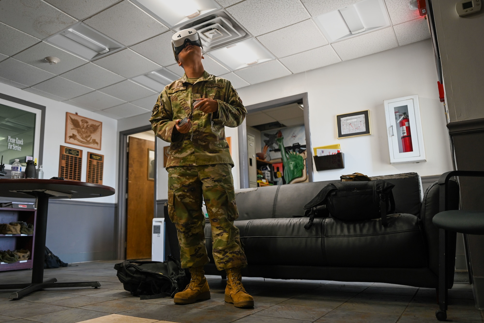 An Airman holds virtual reality gear. (U.S. Air Force photo by Airman 1st Class Donnell Ramsey)