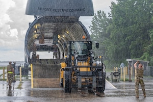 Forklift loading cargo onto aircraft