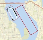A map depicts a safety zone and regulated navigation area overseen by the U.S. Coast Guard on Lake Washington in Seattle, Washington
