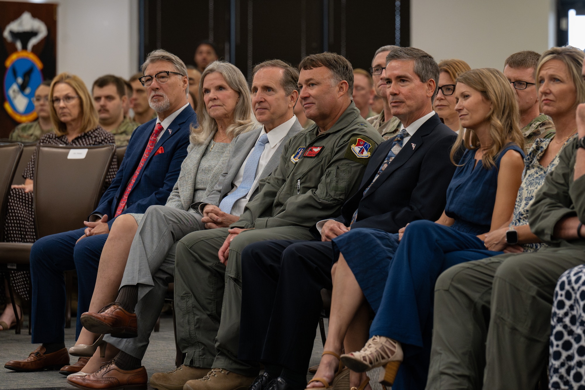 Distinguished visitors attend the Air Force Historical Foundation's 2025 James H. "Jimmy" Doolittle Award presentation at Whiteman Air Force Base, Missouri, July 28, 2026. The award was presented to the 509th and 131st Bomb Wings for the success of Operation Midnight Hammer, which saw seven B-2 Spirit aircraft deliver an overnight strike on Iranian nuclear facilities. (U.S. Air Force photo by Senior Airman Matthew S. Domingos)