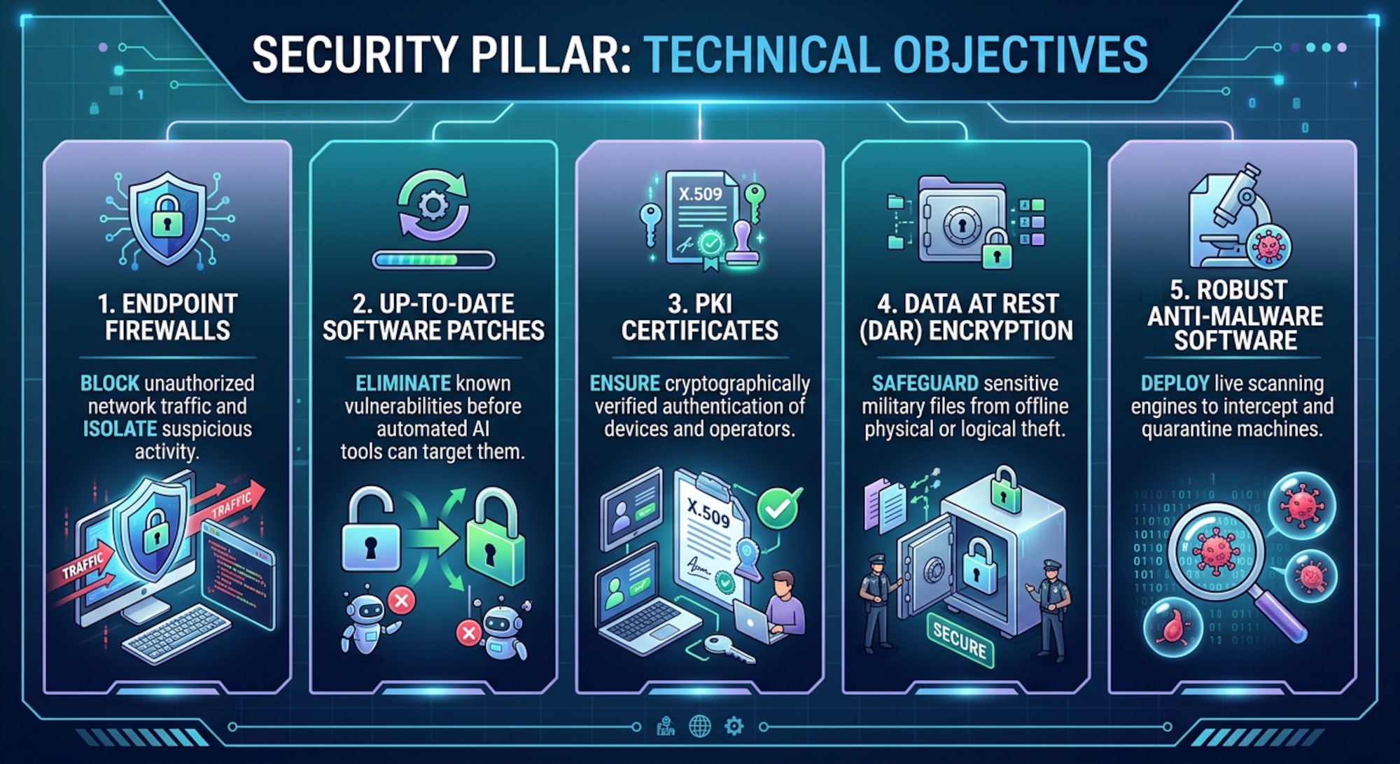 A graphic on the security pillars to prevent cyber issues.