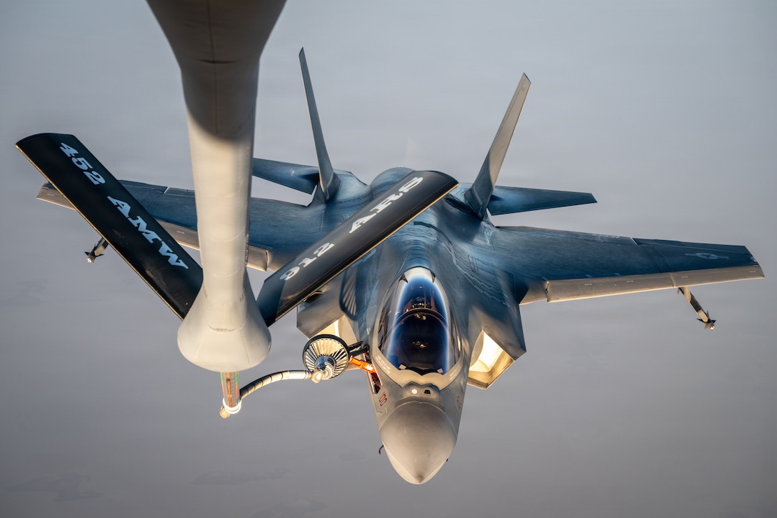 A U.S. Marine Corps F-35C Lightning II aircraft receives fuel from the drogue of a U.S. Air Force KC-135 Stratotanker aircraft in the U.S. Central Command area of responsibility July 11, 2026. (U.S. Air Force photo by Tech. Sgt. Tiffany A. Emery)