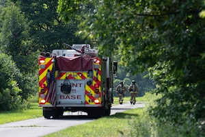 Joint Base Fire Department firefighters respond to a simulated incident during a spill response exercise at Joint Base McGuire-Dix-Lakehurst, N.J., July 15, 2026.