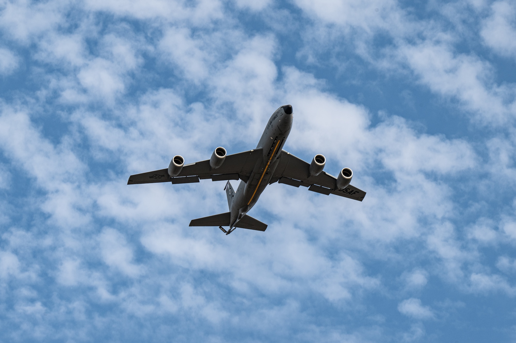 A U.S. Air Force KC-135 Stratotanker from the 100th Air Refueling Wing conducts touch-and-go training at RAF Mildenhall, England, July 28, 2026.