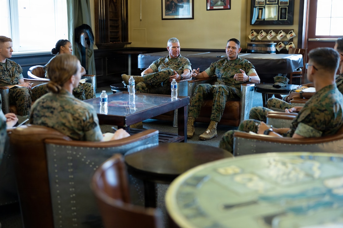 The 20th Sergeant Major of the Marine Corps, Sgt. Maj. Carlos A. Ruiz, speaks to U.S. Marine Charlie Company Instructors at The Basic School (TBS) at Marine Corps Base Quantico, Virginia, July 27, 2026. The Commandant and Sergeant Major of the Marine Corps visit TBS toward the end of each cycle of a company to speak with the instructors and spark discussion with the students, giving them advice as the junior officers continue on their journey into the fleet Marine force and answer any career questions they have on their future in the Marine Corps. (U.S. Marine Corps photo by Cpl. Juaquin Greaves)