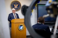 Dr. Bruce Danly, U.S. Naval Research Laboratory (NRL) Director of Research, addresses NRL personnel, family and alumni at the commemoration of the 70th anniversary of the Blossom Point Tracking Facility in Welcome, Md., July 30, 2026. The facility provides round-the-clock operations utilizing full automation and enables "lights-out" satellite contacts. (U.S. Navy Photo by Sarah Peterson)