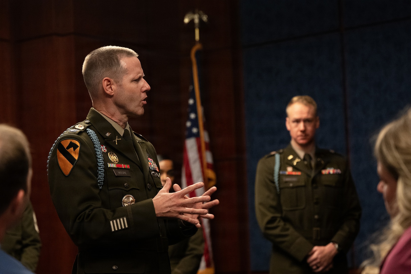 U.S. Army Col. Arthur S. Moore, commander, 116th Mobile Brigade Combat Team, discusses the Army National Guard’s modernization efforts during the Army Current Operations Engagement Tour at the Russell Senate Office Building, Washington, D.C., July 22, 2026.