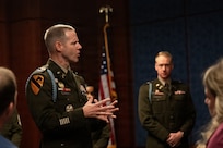 U.S. Army Col. Arthur S. Moore, commander, 116th Mobile Brigade Combat Team, discusses the Army National Guard’s modernization efforts during the Army Current Operations Engagement Tour at the Russell Senate Office Building, Washington, D.C., July 22, 2026.