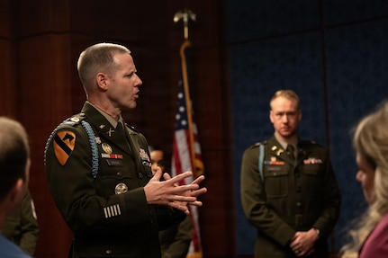 U.S. Army Col. Arthur S. Moore, commander, 116th Mobile Brigade Combat Team, discusses the Army National Guard’s modernization efforts during the Army Current Operations Engagement Tour at the Russell Senate Office Building, Washington, D.C., July 22, 2026.