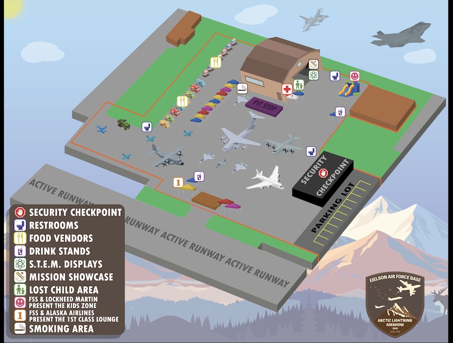 This graphic displays the event area of the 2026 Arctic Lightning Air Show, July 31 - Aug 2.