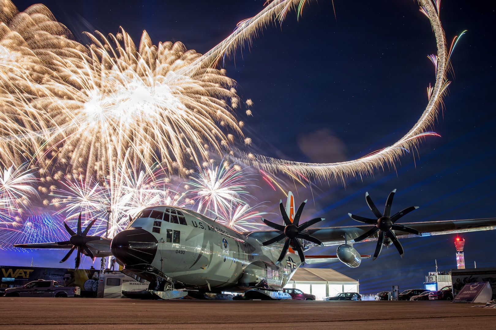 An LC-130H Skibird assigned to the 109th Airlift Wing sits on the flightline during EAA AirVenture Oshkosh at Oshkosh, Wis., July 23, 2026. The Experimental Aircraft Association’s annual fly-in convention showcases military, commercial and general aviation through aircraft displays, educational programs and aerial demonstrations. (U.S. Air National Guard photo by Master Sgt. Jamie Spaulding)