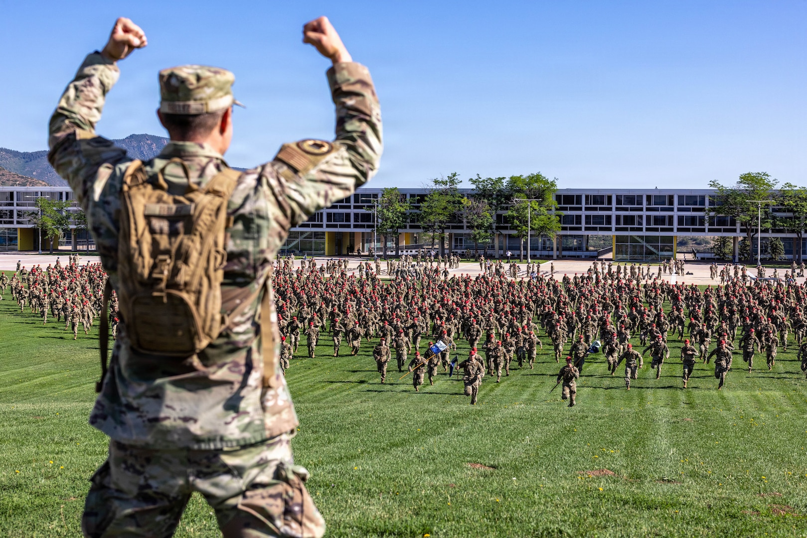 Basic cadets from the U.S. Air Force Academy Class of 2030 and cadet cadre march back from Jacks Valley at the U.S. Air Force Academy in Colorado Springs, Colo., July 24, 2026. March Back marks the conclusion of the second phase of Basic Cadet Training, during which cadets completed field training designed to develop discipline, resilience, teamwork and warfighting readiness. (U.S. Air Force photo by Jonathan Suni)