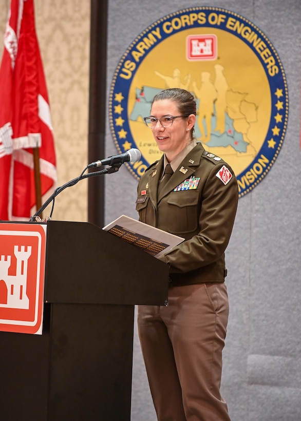 Lt. Col. Kathryn Werback gives her outgoing remarks during the Walla Walla District Change of Command ceremony on July 15, 2026.