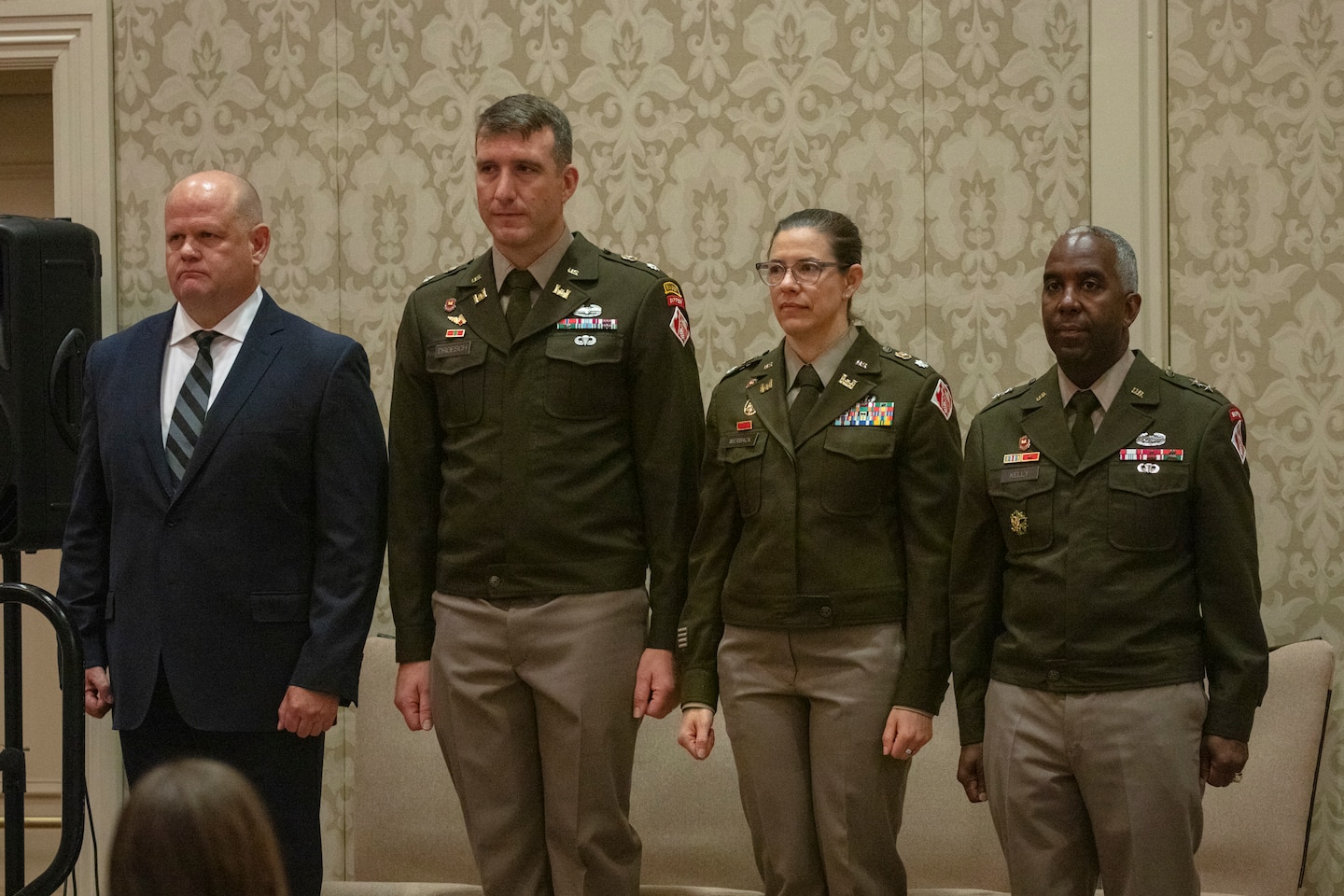 (From Left to Right) Walla Walla District Chief Counsel Tyler Moore, Lt. Col. Douglas Droesch, Lt. Col. Kathryn Werback, and Maj. Gen. Jason Kelly participate in the Walla Walla District Change of Command ceremony on July 15, 2026.