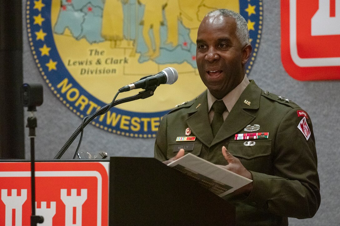 Major General Jason Kelly oversees the Walla Walla District Change of Command ceremony.
